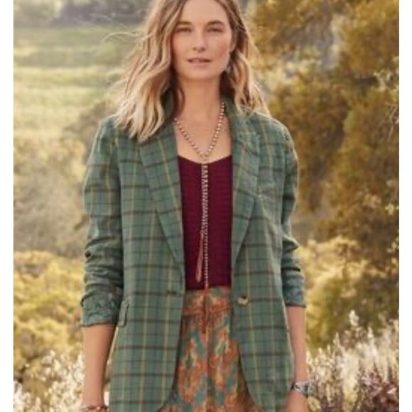 Sundance Long Sleeve Linen Blend Blazer Jacket Womens Medium Green Plaid Boho - Picture 1 of 10